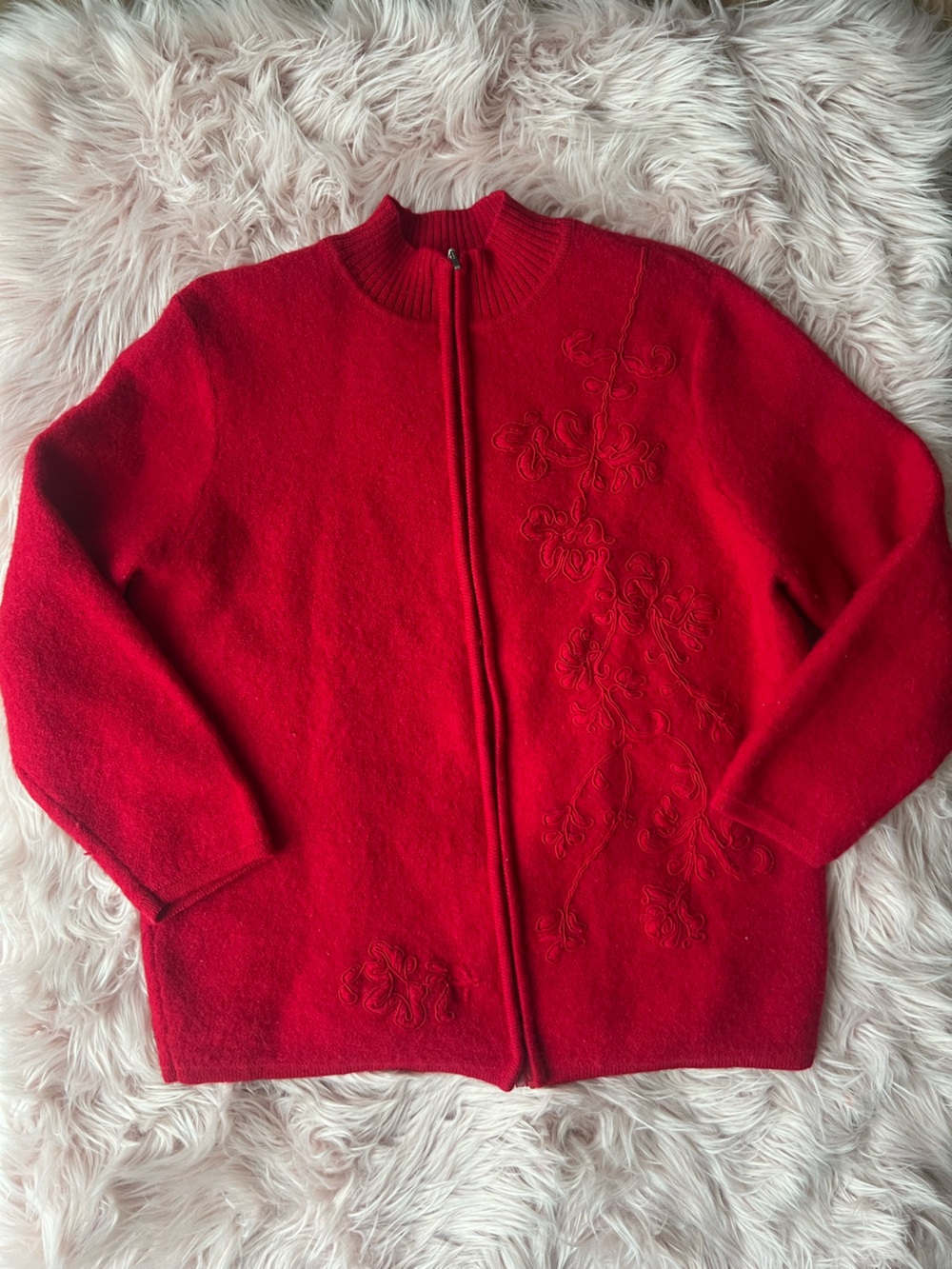 100% Wool Karen Scott Red Zip-Front Embroidered Sweater FITS SMALL